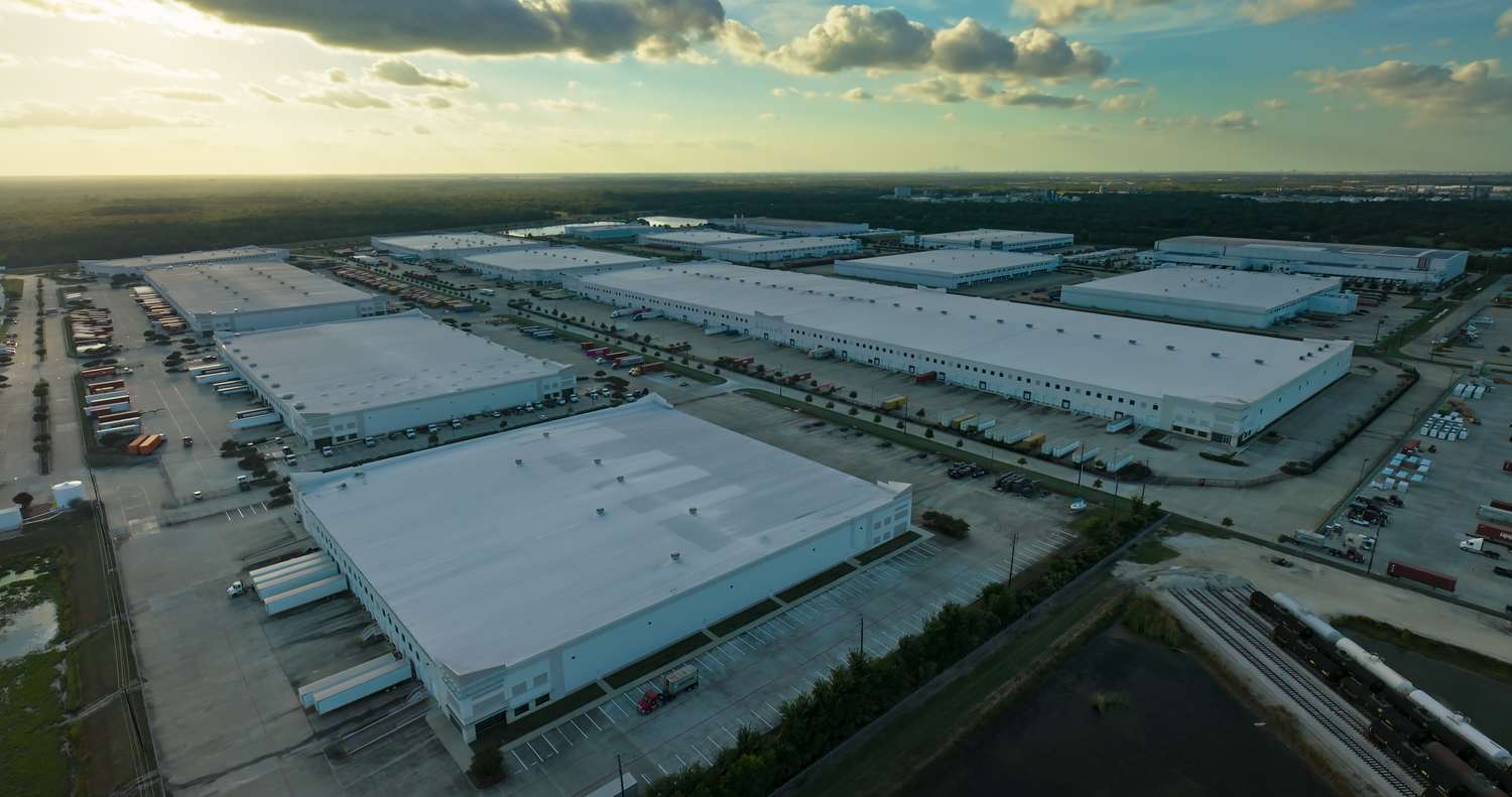Aerial view of an industrial district at golden hour