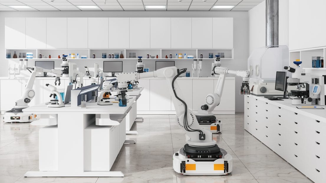 Modern laboratory with robotic arms, microscopes and lab equipment