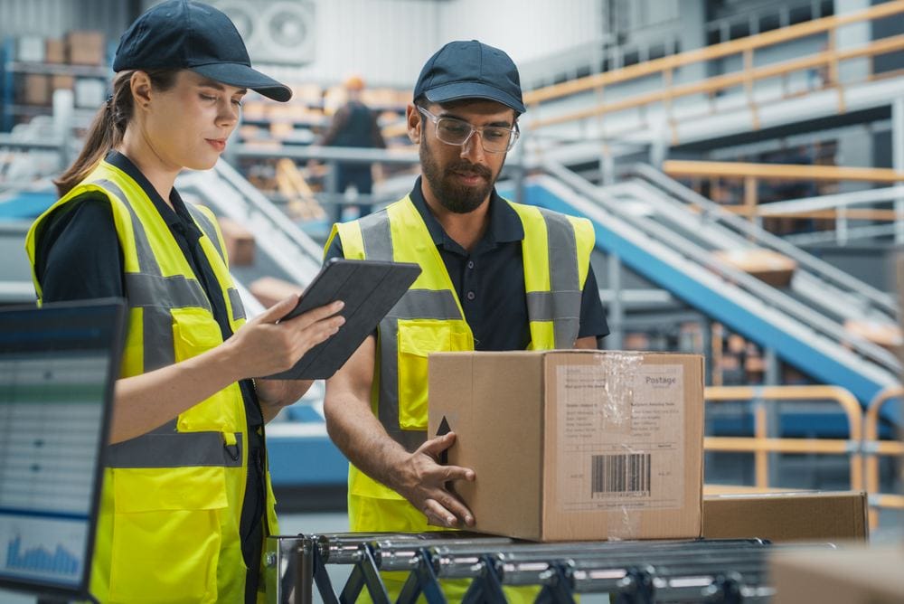 Manager and warehouse worker reviewing an order at an automated conveyor