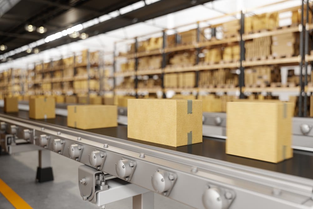 Cardboard boxes moving along a conveyor belt