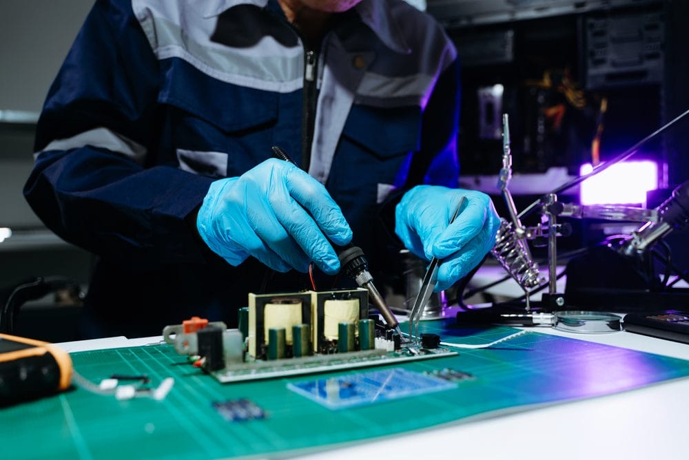 Technician soldering a power PCB circuit board in an electronics lab